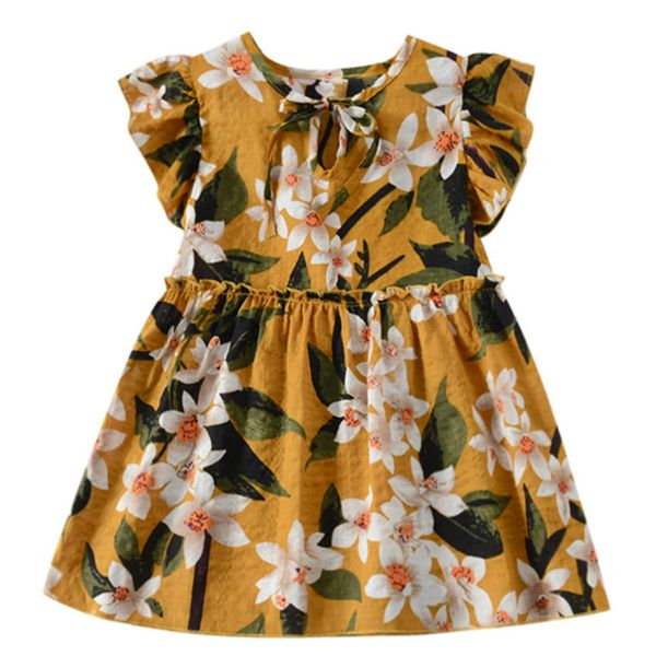 

toddler baby dress kids girls clothes fly sleeve ribbons ruched floral dress for girl summer beach party princess dresses, Red;yellow