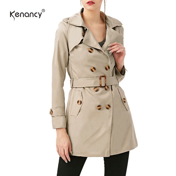 

kenancy 2xl plus size overcoat medium long trench coat women sashes belted double breasted windbreaker turn-down collar outwear, Tan;black