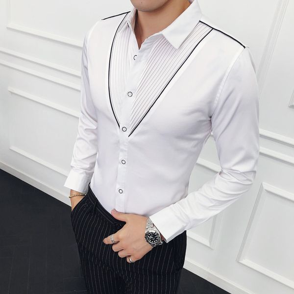 

contrast piping v shape pleating shirt wedding party club shirt slim fit long sleeve button down fashion designer korean, White;black
