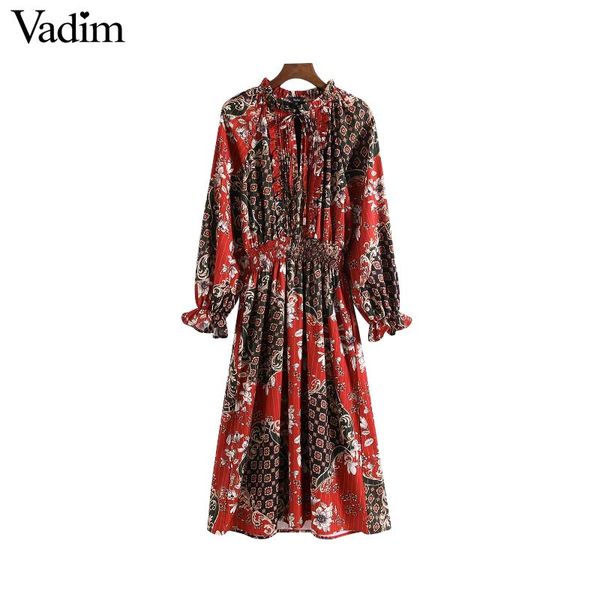 

vadim women vintage floral print midi pleated dress long bell sleeve bow tie elastic waist casual mid calf chic vestidos qa836, Black;gray