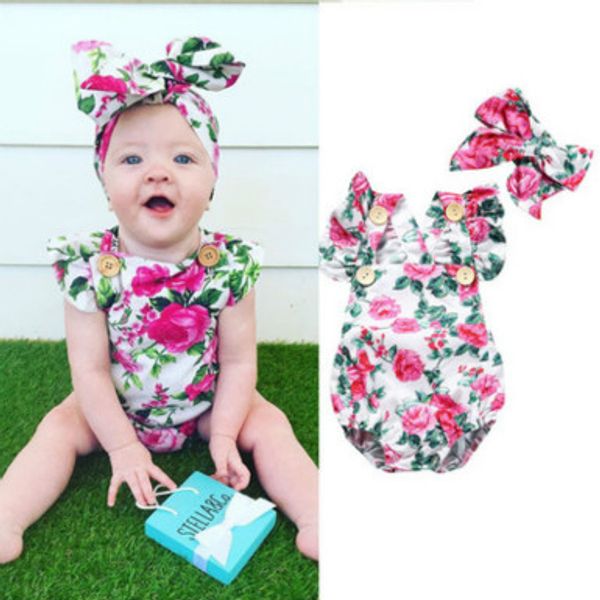 

Kids Designer Rompers Baby Girls Summer Fashion Brand Flowers Printing Rompers Baby Casual Breathable Jumpsuits with Headband 5 Styles New