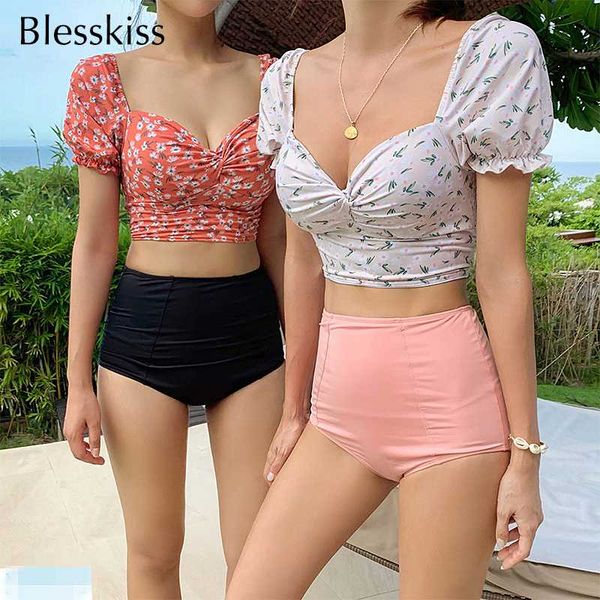 

blesskiss new 2020 high waist bikini women off shoulder halter push up swimsuit female printed two piece bathing suit swimming, White;black