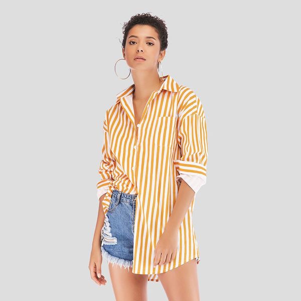 

желтая полосатая рубашка 2019 spring отворотами new long пункт большой размер сыпучие карманы wonmen дикого street style, White