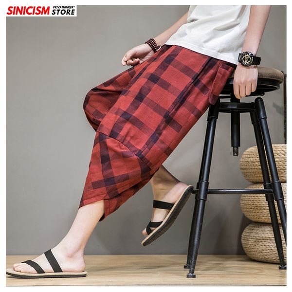 

men's pants sinicism store men plaid linen harem mens breathable 2021 chinese style loose joggers male summer oversize bottoms, Black