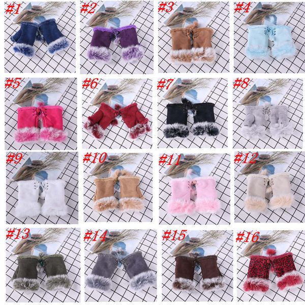 

20 colors fashion winter warm girl leather rabbit fur gloves warm winter fingerless gloves colorful christmas gifts zza1415, Black