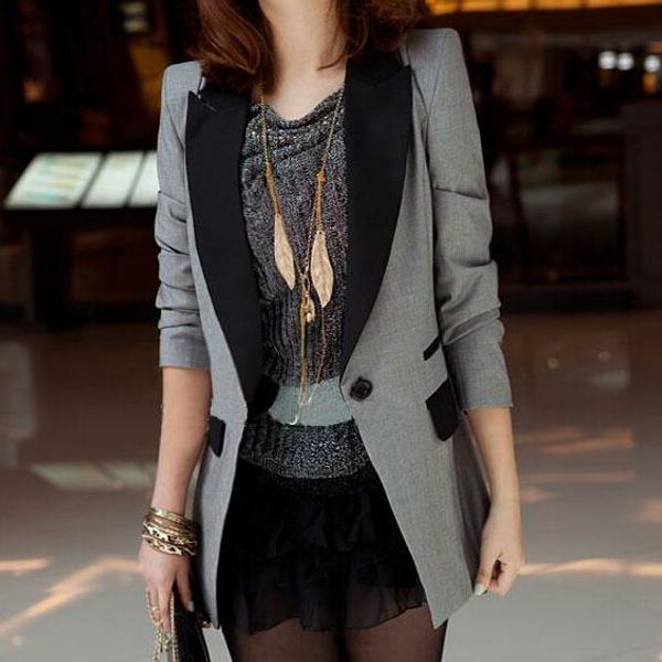 

xxxl новые моды весна лето женщин верхняя одежда тонкий длинный блейзер черный серый офис леди пальто, White;black