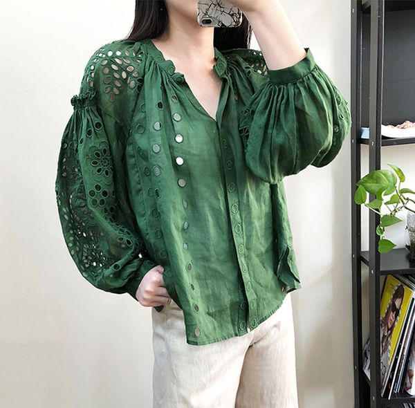 

elfstyle] - boutique green oversized linen shirt v-neck hollow out embroidered detail with frills front button up, White