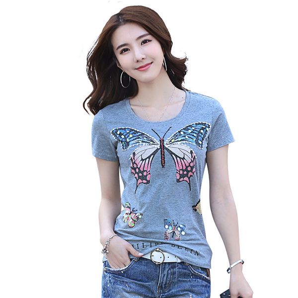 

summer luxury design butterfly crystal fix motifs t-shirt women's printed 3d tees office lady business slim beading graphic t, White
