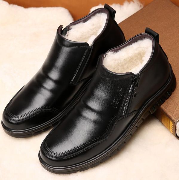 

winter genuine leather men's white sheep fur boots british style warm casual high cotton shoes wool blend side zip shoes, Black