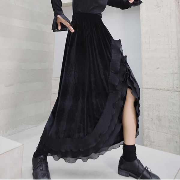 

skirts solid color split lace splice design skirt women streetwear loose velvet irregular a-line bottom 2021 spring v500, Black