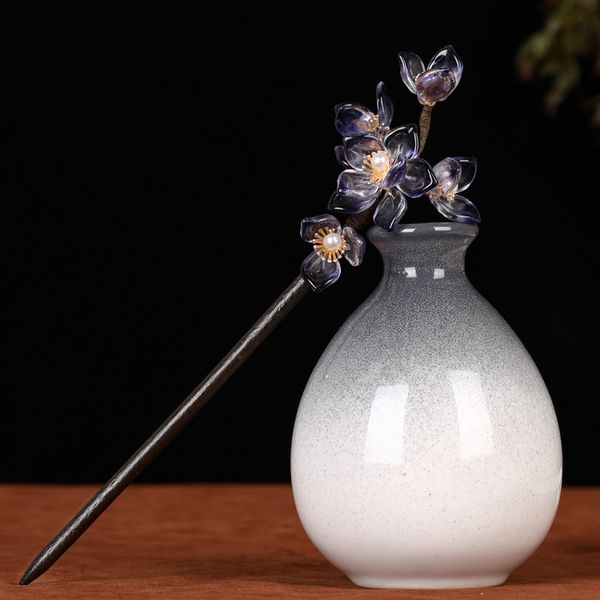 

forseven handmade blue flower pearls hairpin clips wooden hair fork sticks chinese hanfu dress headpieces hair coiled tools, Golden;white