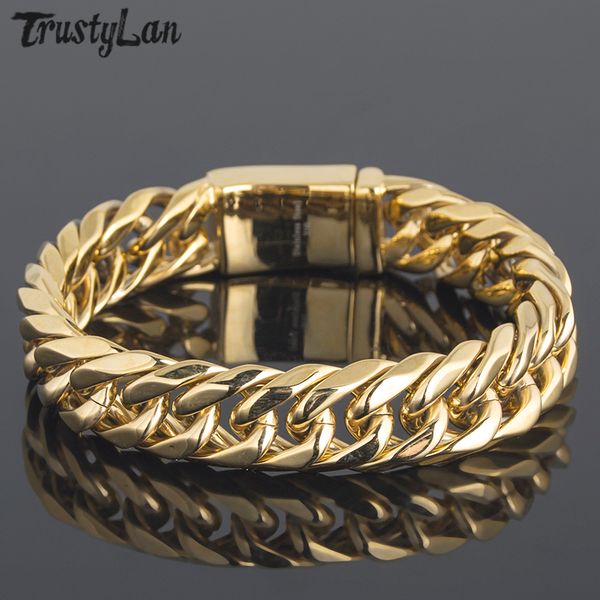 

trustylan thick rolled gold color golden chain bracelet men 16mm wide 8.6" inch steel wristband fashion charm men's bracelets, Golden;silver