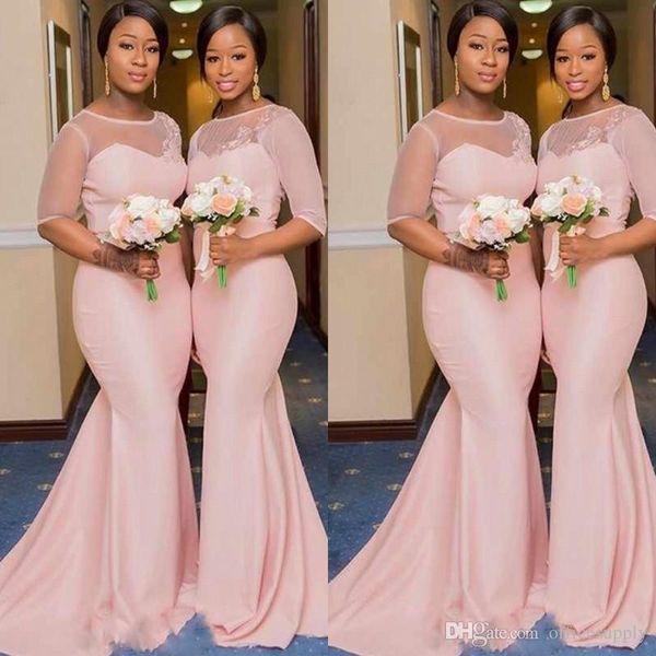 Abiti da damigella d'onore africani nigeriani rosa chiaro con applicazioni lunghe in tulle illusione mezza manica scollo rotondo abito da sposa elegante abiti da ballo