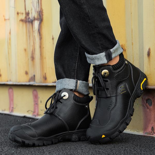 

handmade natural leather men boots warm fur plush lace up winter shoes ankle snow boots for men shoes dropshipping, Black