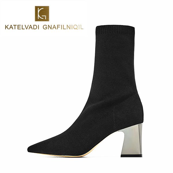

fashion women boots high heels black snow boots square heels winter shoes women pointed toe ladies sock plus size k-173