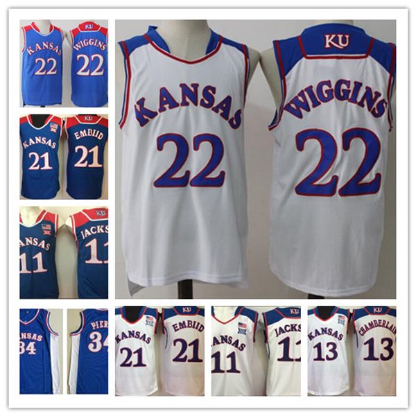 College Kansas Jayhawks Jerseys NCAA Basketball Paul Pierce 34 Andrew Wiggins 22 Joel Embiid Jersey 21 Hommes Josh Jackson 11 Wilt Chamberlain