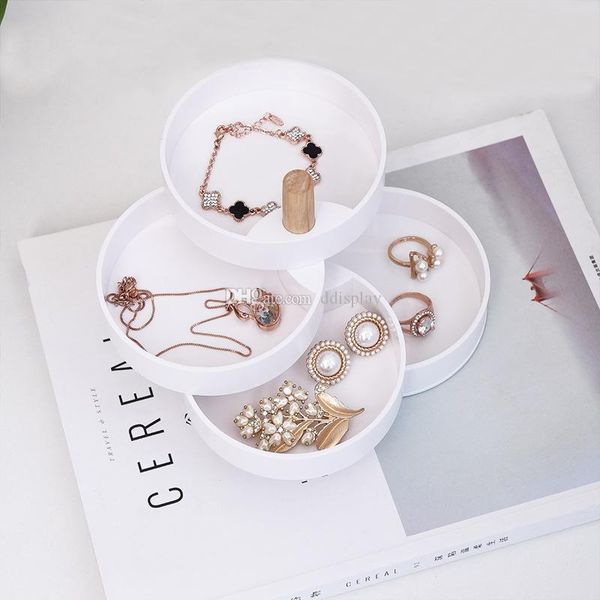 

ddisplay]360 degree rotatable plastic ring jewelry organizer 4 layers bracelet storage case white revolving earrings display holder, Golden;white