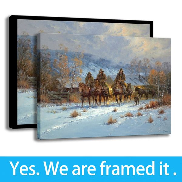 

canvas painting art print western winter riders dog for porch decor framed art - ready to hang - framed