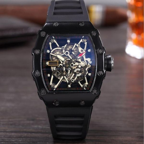 

new rm mens luxury watch silicone ghost head skeleton famous brand watches skull sports quartz hollow wristwatches, Slivery;brown