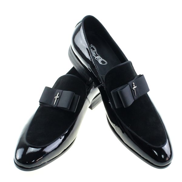 

genuine patent leather and nubuck leather patchwork with bow tie men wedding black dress shoes men's banquet loafers