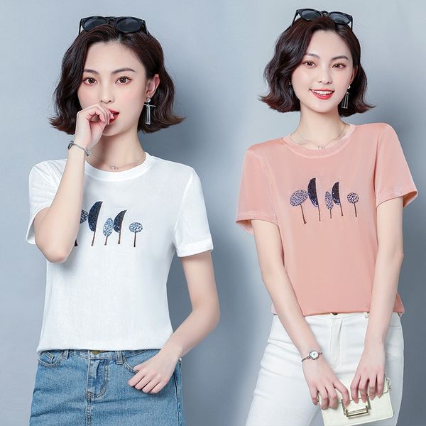 

брат хуа diqing с короткими рукавами футболки свободные 2020 натуральный шелк верх лед шелковые трикотажные женские универсальные футболки, White