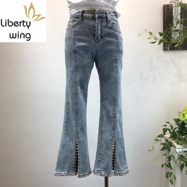 

korean style slim diamond front denim flare pants fashion casual blue stretch ankle-length jeans women streetwear