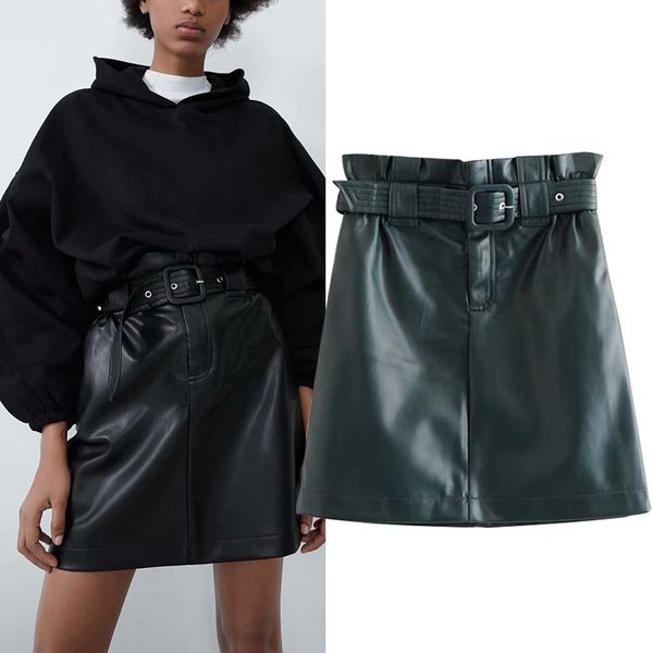 

skirts pure color pu leather skirt with waistband black green high waist
