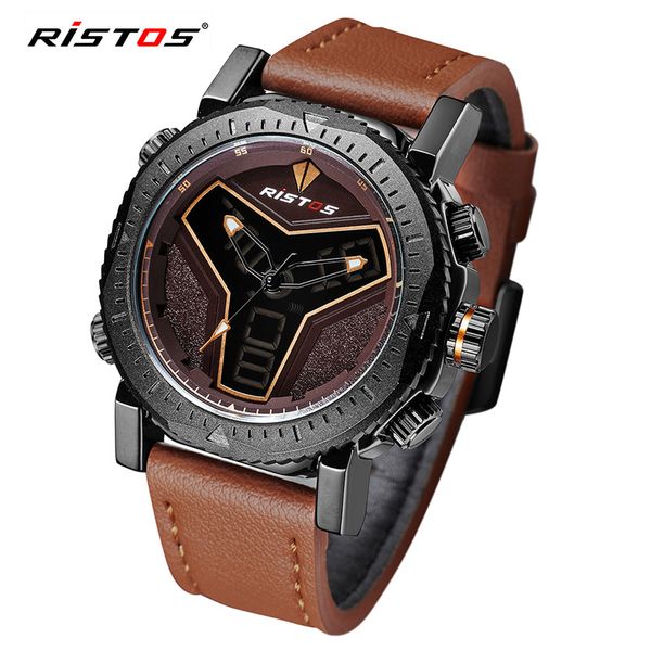 

ristos digital watch men army sport watch waterproof led analog display leather watches auto date week wristwatches, Slivery;brown