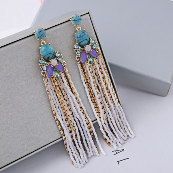 

bohemian ethnic multicolor beaded tassel earring for women flower long dangle earrings jewelry accessories wholesale in box, Silver