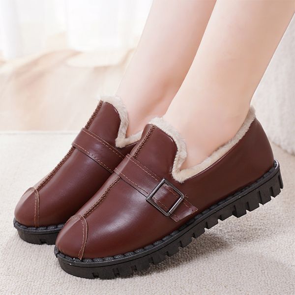 

women's pu leather shoes winter woman flock warm slip on platform flat women sewing comfort flat female fashion causal shoes, Black