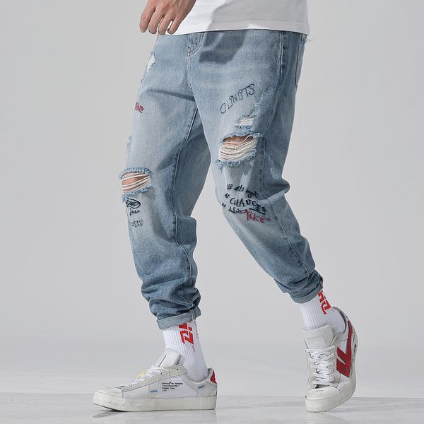 

2019 new summer jeans embroidery pants jeans fashion casual washed ripped distressed holes denim trousers ninth pants, Blue