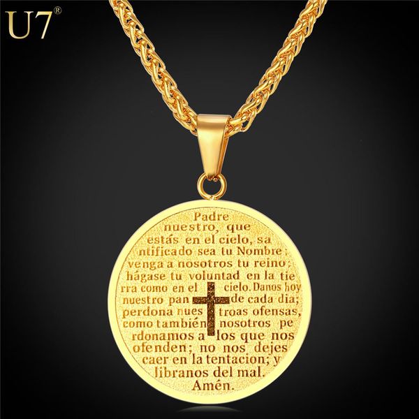 

new new cross necklace women / men scripture christian jewelry gift 18k real gold round coin pendants stainless jewelry p809