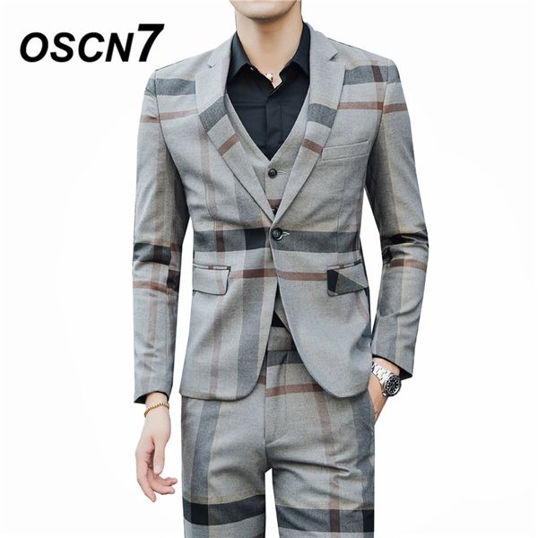 

oscn7 casual business horizontal stripes 3 piece suit men 2019 fashion wedding dress suits for men party gentleman 6102, White;black