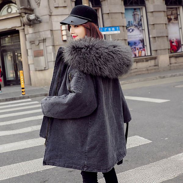 

long women winter jacket thicken hooded faux fur collar denim jacket womens coats cotton padded jeans female parkas c5997, Black