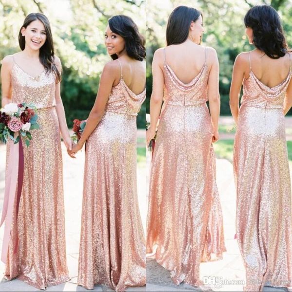 

bohemian gold sequin bridesmaid dresses 2019 spaghetti straps v neck long formal evening prom gowns maid of honor dress custom, White;pink