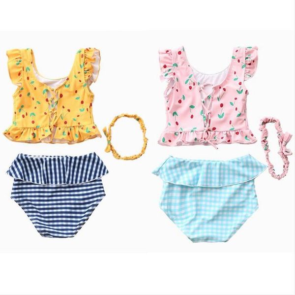 Bebek Kız Mayolar Çocuklar Ekose Baskılı Bikini Bandı Suits Çocuk Yaz Sevimli Kolsuz İki Parça Hairband Banyo Seti Beachwear AYP551