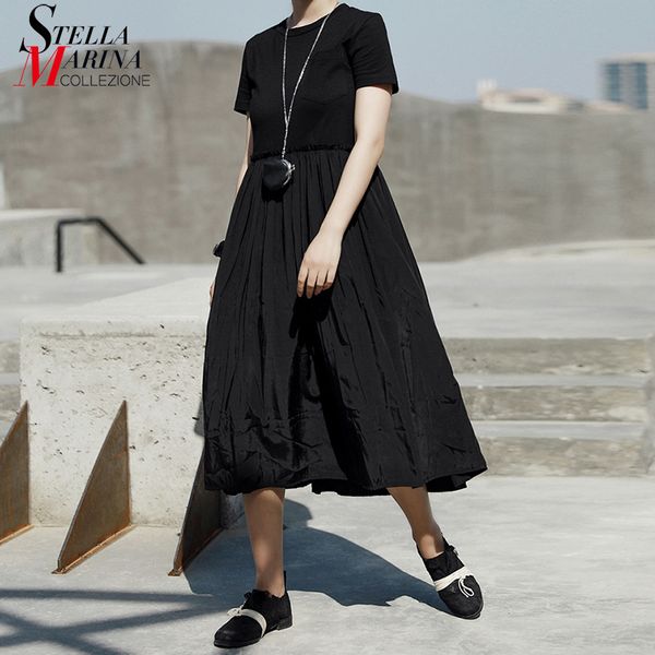 

new 2019 korean style summer women solid black long dress o neck a-line mid calf length female casual cute wear dress robe j070, Black;gray