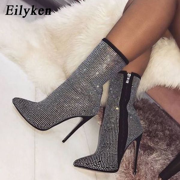

eilyken 2019 new design crystal flock women boots pointed toe high heels stretch autumn ankle boots mujer black apricot size 42