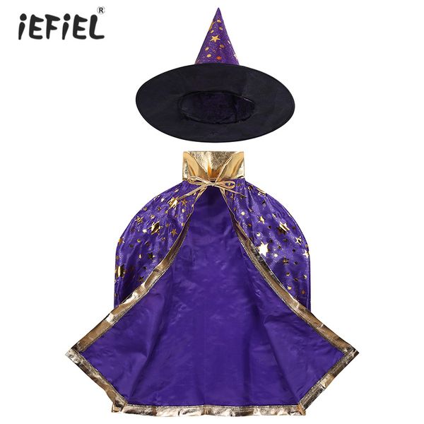 

kids children halloween cosplay party costume witch wizard cloak cape pointed hat set boys girls magician outfit, White
