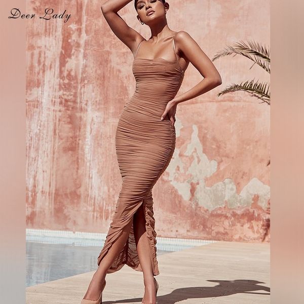 

deer lady 2019 summer dress women long club elegant bodycon maxi dress slit strap mesh organza dress brown for party night, Black;gray