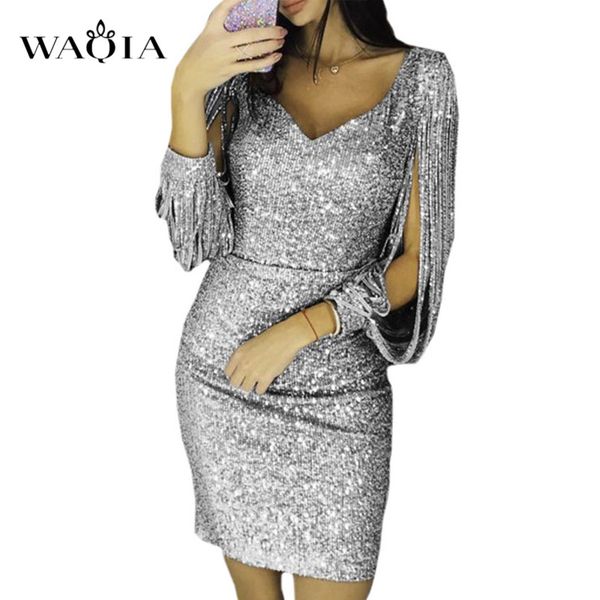 

waqia plus size winter sequin tassels dress women bodycon hollow out long sleeve v-neck midi party club dress vestidos, Black;gray