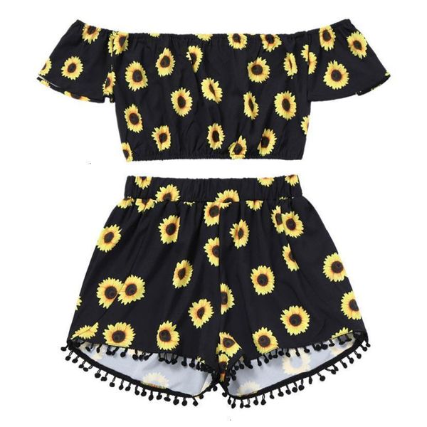 

womens tracksuits women s designer 2 piece sets casual two sunflower print summer off the shoulder crop shorts beachwear women set, Gray