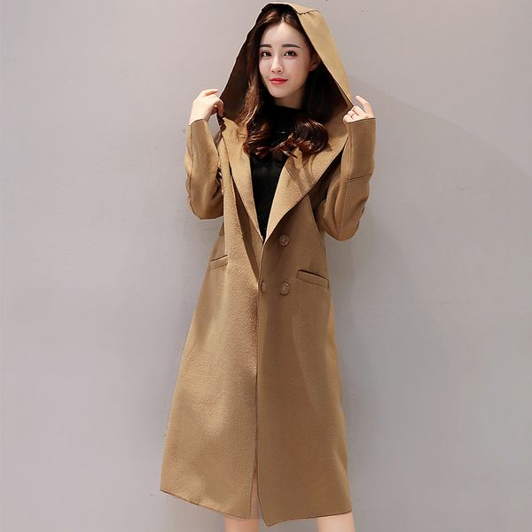 

fashion solid long wool blend ladies coat slim pockets women's jacket double hooded breasted korean womens fashion coat, Black