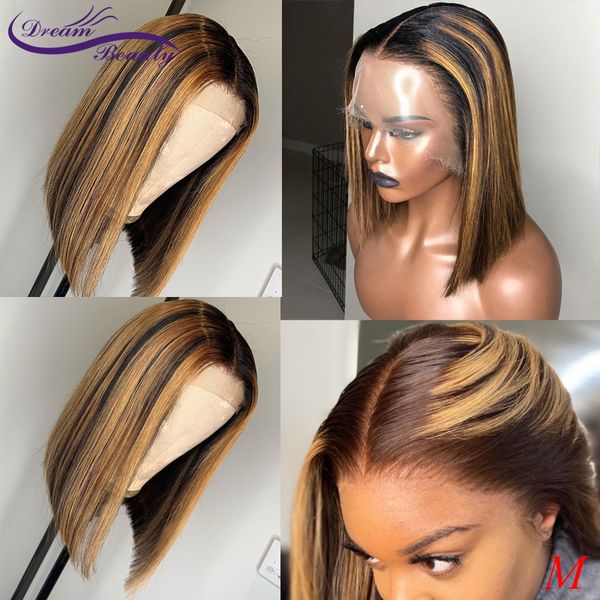 

lace wigs 13x6 front short bob straight 180% brazilian remy hair ombre highlight color human dream beauty, Black;brown