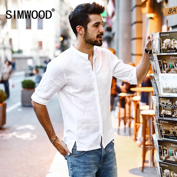 

Simwood 2018 Summer New Casual Shirts Men Breathable 100 %Pure Linen Fashiom Three Quarter Slim Fit Brand Clothing Cs1587