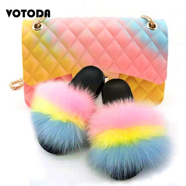 

women fur slippers jelly handbag set fluffy real hair flip-flops fur sandals ladies rainbow slides shoes gradient bag set, Black