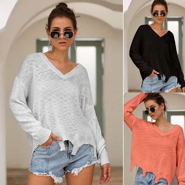 

women's sweater long sleeve irregular hem v neck solid color pullover casual autumn loose female blouse sueter mujer 2019, White;black