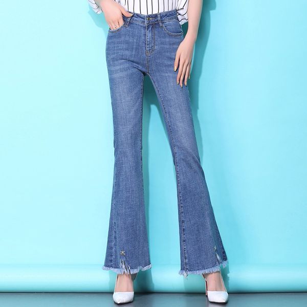 

high waist flare jeans 2020 women skinny boyfriend bell bottom denim pants female casual full length tassel jean, Blue