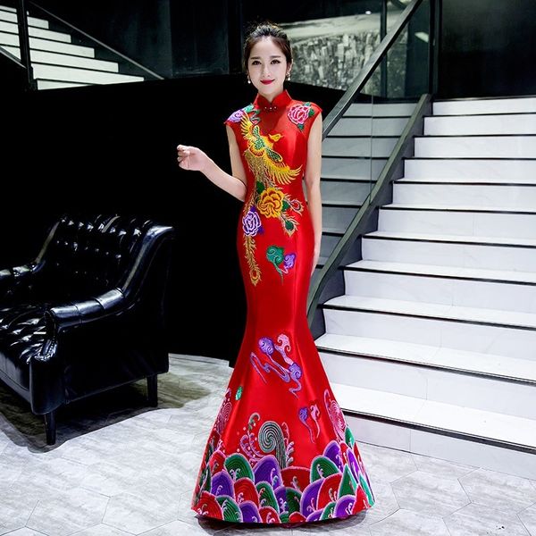 

oriental evening dress chinese style fashion phoenix embroidery qipao long mermaid cheongsams vestidos s-xxl, Red