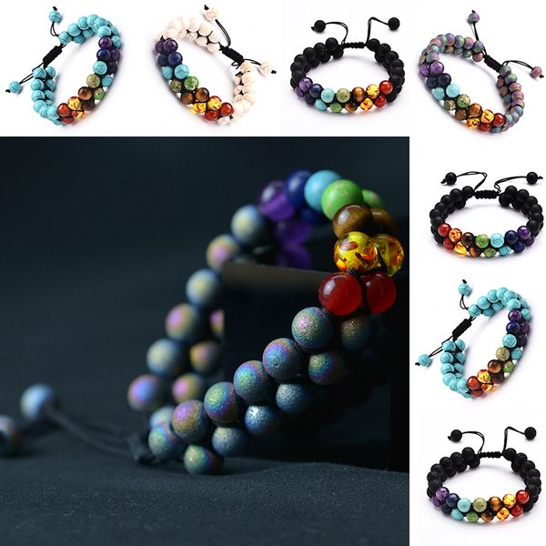 Braccialetti a doppio strato 7 chakra Pietra vulcanica roccia lavica turchese Bracciale braccialetti gioielli di moda volontà e nave di goccia sabbiosa